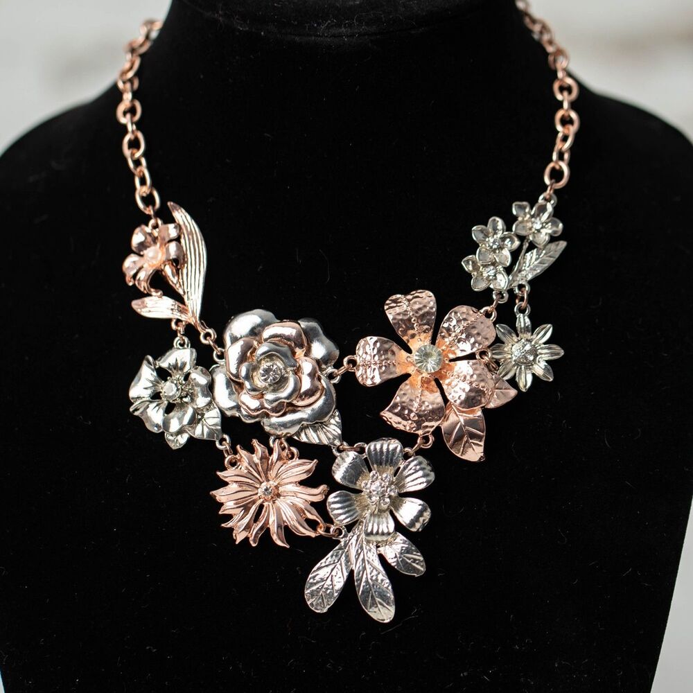 Amrita Singh Metal Floral Statement Necklace Rose-gold & Silver Crystals